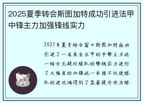2025夏季转会斯图加特成功引进法甲中锋主力加强锋线实力