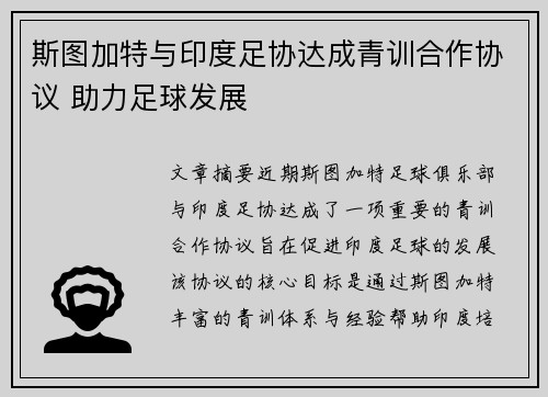 斯图加特与印度足协达成青训合作协议 助力足球发展